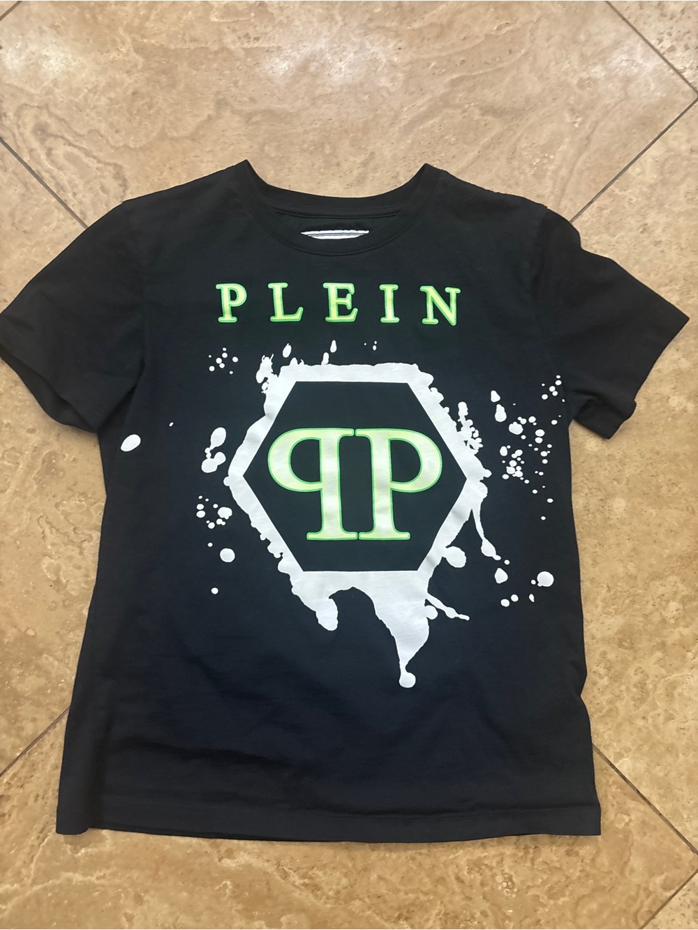 Phillip Plein - Junior - Black Graphic Logo T‑Shirt with Neon Green Accents